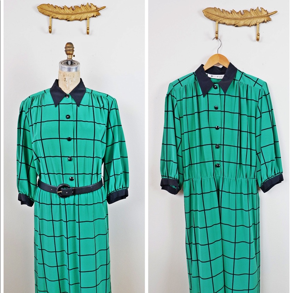 Vintage 90s Green Black Windowpane Plaid Dress